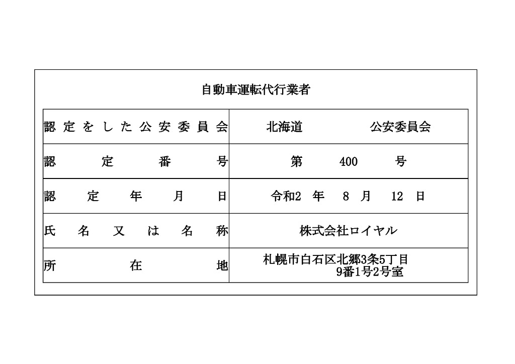 自動車運転代行業者 認定証